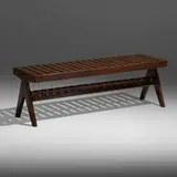 Bench from the M.L.A. Flats building, Chandigarh by Pierre Jeanneret, c. 1956, stained teak, cane, sold May 2022