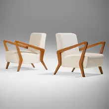 Armchairs, pair by Gio Ponti, c. 1940, walnut, upholstery, sold Jun 2025
