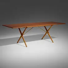 Drop-leaf dining table by Hans J. Wegner, c. 1960, teak, oak, brass, sold Jun 2025