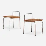 Luggage racks for Les Arcs, Savoie, pair by Charlotte Perriand, c. 1968, oak, steel, sold Jun 2025