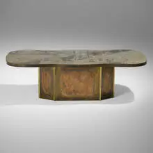 Rare Chan coffee table by Philip and Kelvin Laverne, c. 1965, acid-etched and patinated brass, pewter, sold Jun 2025