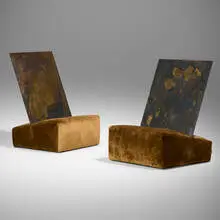 Henrytimi, HT215 Cathedra chairs, pair, 2014, microfiber upholstery over wood, patinated bronze