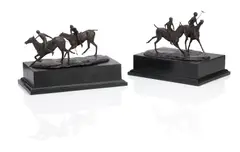 Jonathan Knight, Part of a unique set of eight Polo players, mounted as two sets of two players,  signed 'JONATHAN/ KNIGHT/ 1986', spelter, with a dark brown patina, raised on black painted plinths, 18 x 22cm (7 1/16 x 8 11/16in) and smaller.