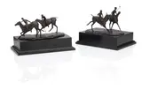 Jonathan Knight, Part of a unique set of eight Polo players, mounted as two sets of two players,  signed 'JONATHAN/ KNIGHT/ 1986', spelter, with a dark brown patina, raised on black painted plinths, 18 x 22cm (7 1/16 x 8 11/16in) and smaller.