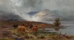 Highland Cattle Watering in Mist by Louis Bosworth Hurt, oil on panel, sold Apr 2017