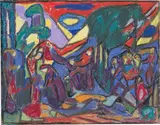 Adolf Hölzel, Anbetung des Kindes. 1920er-Jahre, Pastell und Grafit auf Papier, auf Karton aufgezogen