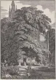 Karl Friedrich Schinkel, Gotische Kirche hinter Bäumen, 1810, Fotolithografie auf Chinapapier