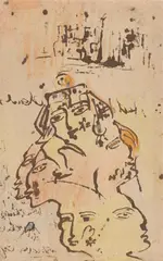 Else Lasker-Schüler, O.T. (Kopfpyramide 3), 1916, Braune Tinte, Buntstift und Silbermetallfolie auf Papier (rosafarbenes Löschblatt)