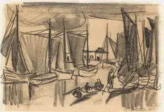 Boote im Hafen by Max Pechstein, 1923, Kohle auf dünnem Papier (aus einem Zeichenblock), sold Jun 2022