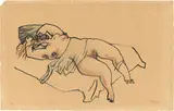 George Grosz, Auf dem Sofa“ (Liegender Akt), Um 1915, Rohrfeder in Tusche und Farbkreide auf bräunlichem Papier