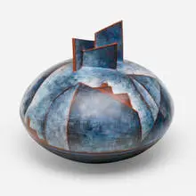 Lidya Buzio, Roofscape Vessel, 1984, earthenware painted with color oxide slips, burnished, fired, and waxed