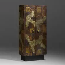 Tall Patchwork cabinet by Paul Evans, c. 1970, welded and patinated copper, brass, enameled steel, enameled wood, sold May 2022