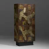 Tall Patchwork cabinet by Paul Evans, c. 1970, welded and patinated copper, brass, enameled steel, enameled wood, sold May 2022