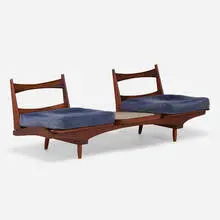 Adjustable bench by Phillip Lloyd Powell, c. 1970, American black walnut, travertine, upholstery, sold May 2022