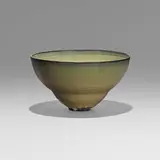 Double-curved bowl by Gertrud and Otto Natzler, 1947, earthenware with Dawn Celadon Reduction Fired glaze with melt-fissures, sold May 2022