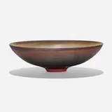 Large bowl with fingermarks and spiral center by Gertrud and Otto Natzler, 1962, earthenware with Steel Blue Mat glaze, sold May 2022