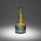 Long-necked cylindrical bottle with lip by Gertrud and Otto Natzler, 1967, earthenware with Cat's Eye Reduction Fired glaze with ash deposits, fire marks, and melt fissures, sold May 2022
