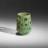 Rare light with triangular cut-outs by Gertrud and Otto Natzler, 1964, earthenware with Green Crater glaze, sold May 2022