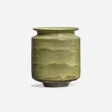 Cylindrical vase form with indented lip by Gertrud and Otto Natzler, 1963, earthenware with Ivory Celadon Reduction Fired glaze with melt fissures, sold May 2022
