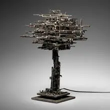 Table lamp from the Cathedral series by James Bearden, 2015, plasma-carved steel with metallic polywash finish, sold Jun 2025