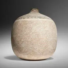 Xicolli vessel by Claude Conover, 1984, glazed stoneware with engobe decoration, sold Jun 2025