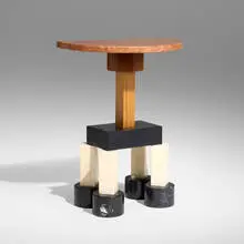 Demistella console table by Ettore Sottsass, c. 1990, Rossa Verona, Botticinni, and Nero Marquina marble, mahogany, lacquered wood, sold Jun 2025