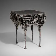 Cathedral occasional table by James Bearden, 2022, plasma-carved steel with metallic polywash finish, sold Jun 2025