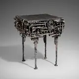 James Bearden, Cathedral occasional table, 2022, plasma-carved steel with metallic polywash finish