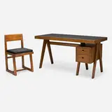 Desk and chair from Chandigarh by Pierre Jeanneret, c. 1960, teak, leather, linen upholstery, cane, aluminum, sold Jun 2025