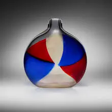 A Tessere Applicate vase, model 4316 by Fulvio Bianconi, c. 1950, internally decorated transparent glass with red, blue and amber triangular tesserae, sold Jun 2025
