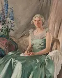 Stanley Cursiter Cbe Rsa Rsw, Three quarter length portrait of Lady Nina Fraser in blue gown, oil on canvas