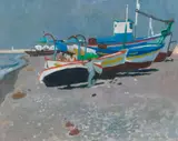 Mending Fishing Boats by Alberto Morrocco Obe Rsa Rsw Rp Rgi Lld D Univ, oil on board, offered Apr 2017