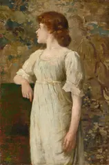 Otto Scholderer, Junge Frau im Dreiviertelprofil im Musselinkleid (seine Frau Luise, geb. Steuerwaldt?), Öl auf Leinwand. Doubliert