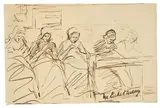 Max Liebermann, Studie zu: „Nähende Mädchen in Huyzen, Um 1889, Feder in Braun auf Papier, auf Karton aufgezogen