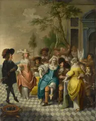 Hieronymus Janssens, Elegante Gesellschaft tanzend und musizierend auf einer Terrasse. Nach 1649, Öl auf Holz