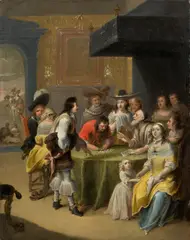 Hieronymus Janssens, Geldwechsler mit eleganter Gesellschaft. Nach 1649, Öl auf Holz