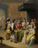 Hieronymus Janssens, Geldwechsler mit eleganter Gesellschaft. Nach 1649, Öl auf Holz
