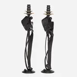 Albert Paley, Cloaked Nuance candleholders, pair, 2019, forged and fabricated steel with a blackened finish, fixed brass bobeches (collars)