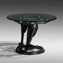Golden Dawn dining table by Albert Paley, 2007, forged, formed, and fabricated polychromed steel, glass, sold Jan 2022
