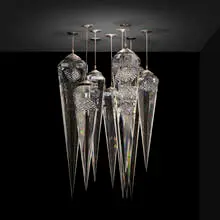 Jon Kuhn, Crystal chandelier, 2002, ground, polished, and laminated glass, brushed steel