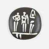 Trois Personnages sur Tremplin plaque by Pablo Picasso, 1956, glazed white earthenware clay, black patina, sold Jan 2022