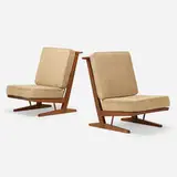 Conoid Cushion lounge chairs, pair by George Nakashima, 1964, 1978, American black walnut, hickory, upholstery, webbing, sold Jan 2022