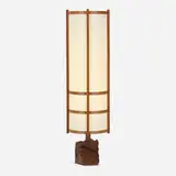 George Nakashima, Kent Hall floor lamp, 1975, walnut burl, American black walnut, holly, fiberglass