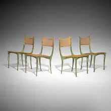 Dan Johnson, Gazelle dining chairs model 10B, set of four, 1958, cast bronze with applied patina, cane, brass