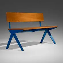 Bench from the Électricité de France, Marcoule by Jean Prouvé, c. 1954, oak, lacquered steel, sold Apr 2025