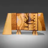 Important cabinet by Giorgio Gregori and Studio Alchimia Alessandro Mendini, 1985, sycamore, walnut burl, macassar ebony, laminate, chromium-plated steel, sold Apr 2025