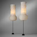 Isamu Noguchi, Akari light sculptures model SSTBN-S2, pair, washi paper, enameled cast iron, bamboo, enameled steel
