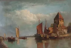 Canal scene with boats by Barend Hendrik Koekkoek, sold Feb 2017