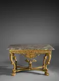 wohl Neapel Italienisch, Konsoltisch mit aufsteigendem Adler, Um 1720, Holz, geschnitzt, vergoldet; ursprüngliche Marmorplatte (Rouge Royal de Hautmont)