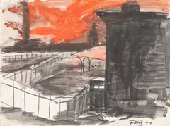 Moritzplatz (Heinrich-Heine-Straße) by Rainer Fetting, 1979, Gouache und Kohle auf Papier, sold May 2022
